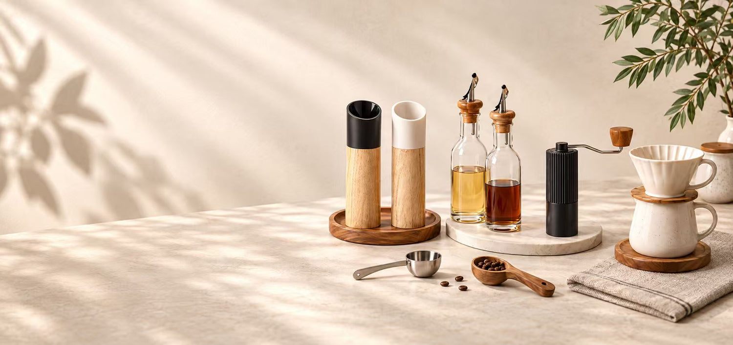 Kitchenware collection with mills, oil bottles, a coffee grinder and pour-over coffee set