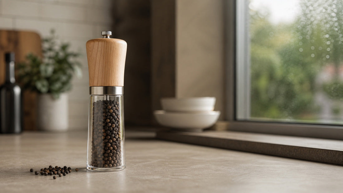 Natural wood and glass pepper grinder in a humid kitchen setting