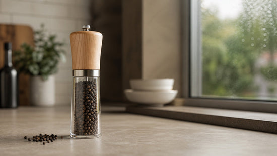 Natural wood and glass pepper grinder in a humid kitchen setting