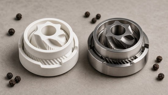 Ceramic and stainless steel pepper grinder mechanisms shown side by side