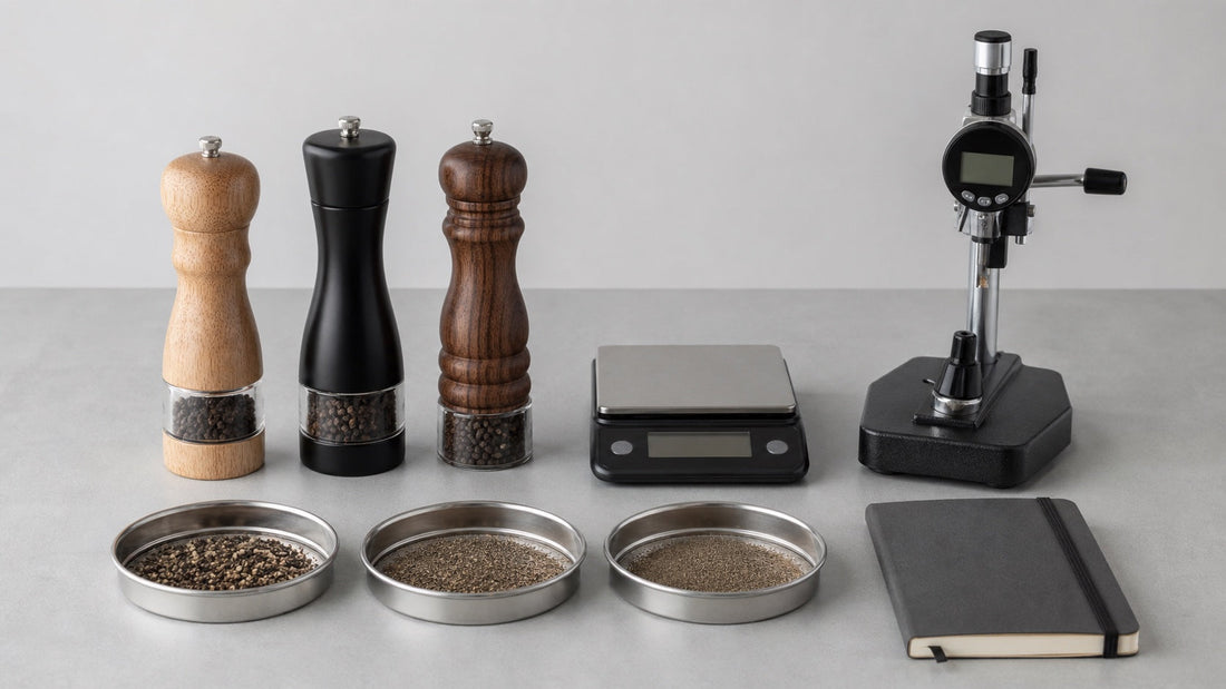 Pepper mill quality-control setup with grinders, a scale, torque gauge and sieves