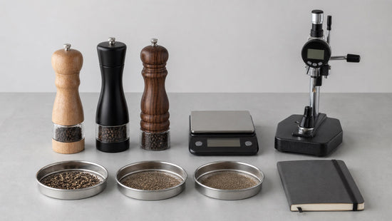 Pepper mill quality-control setup with grinders, a scale, torque gauge and sieves
