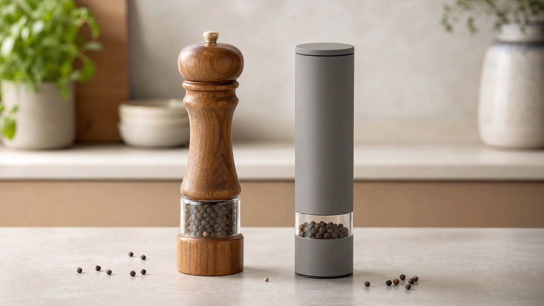 Premium manual and electric pepper grinders compared side by side for an OEM brand