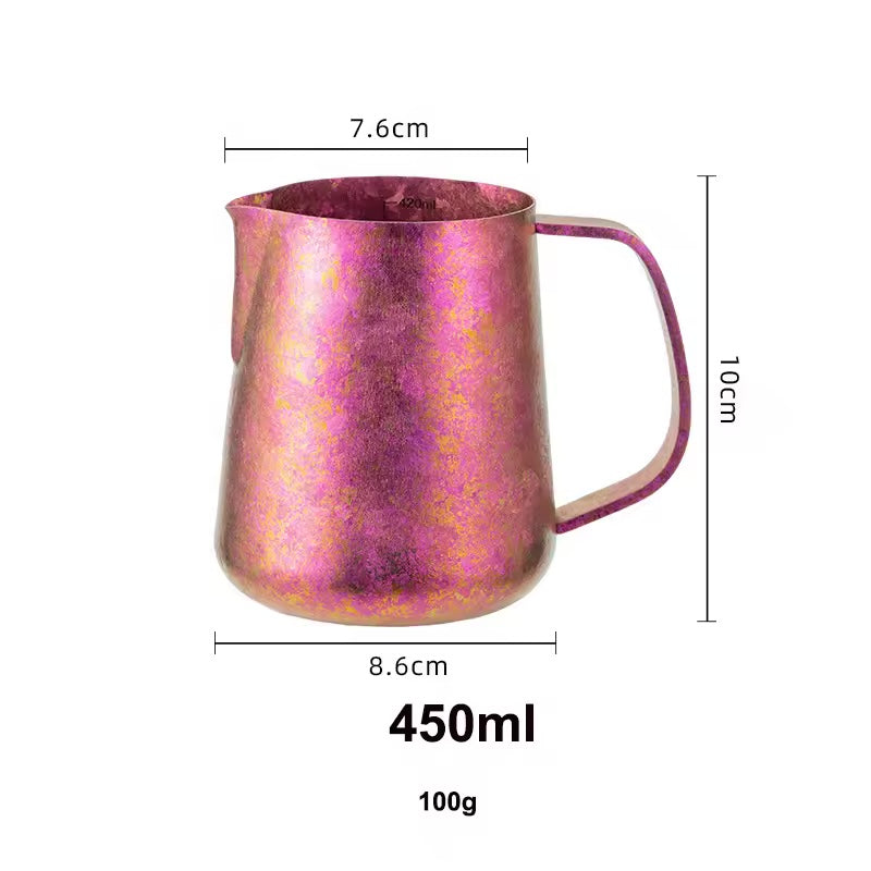Reference dimensions for a 450 ml purple titanium milk pitcher: 10 cm high, 7.6 cm top and 8.6 cm base.