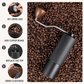 Manual grinder pictured with steps for setting grind size, adding beans and turning the crank.