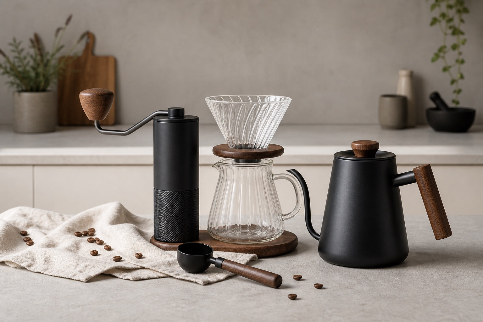 Custom coffee tools collection with manual grinder, pour-over brewer and gooseneck kettle