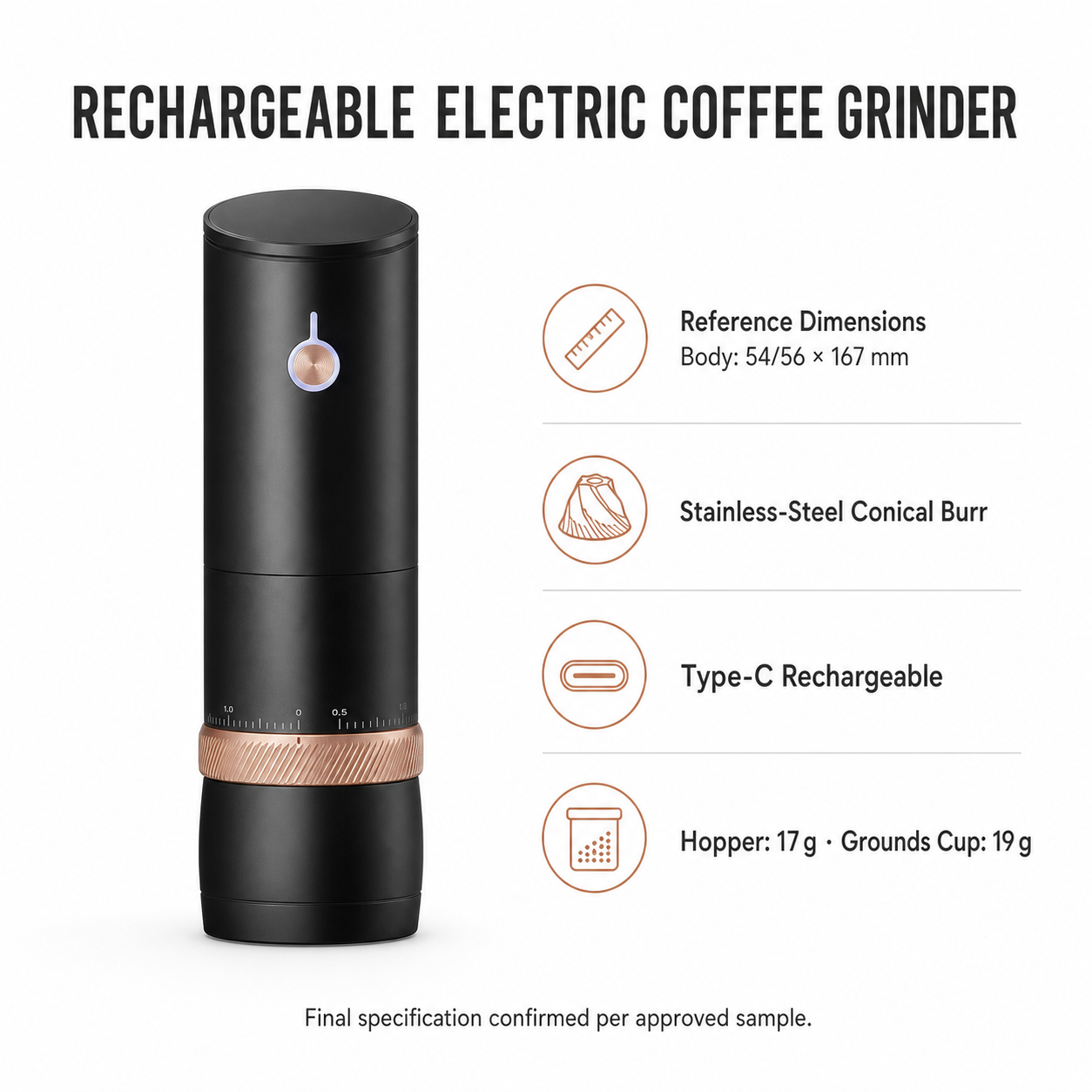 Black rechargeable electric coffee grinder with reference dimensions, a stainless-steel conical burr, Type-C charging and 17 g/19 g capacity notes.