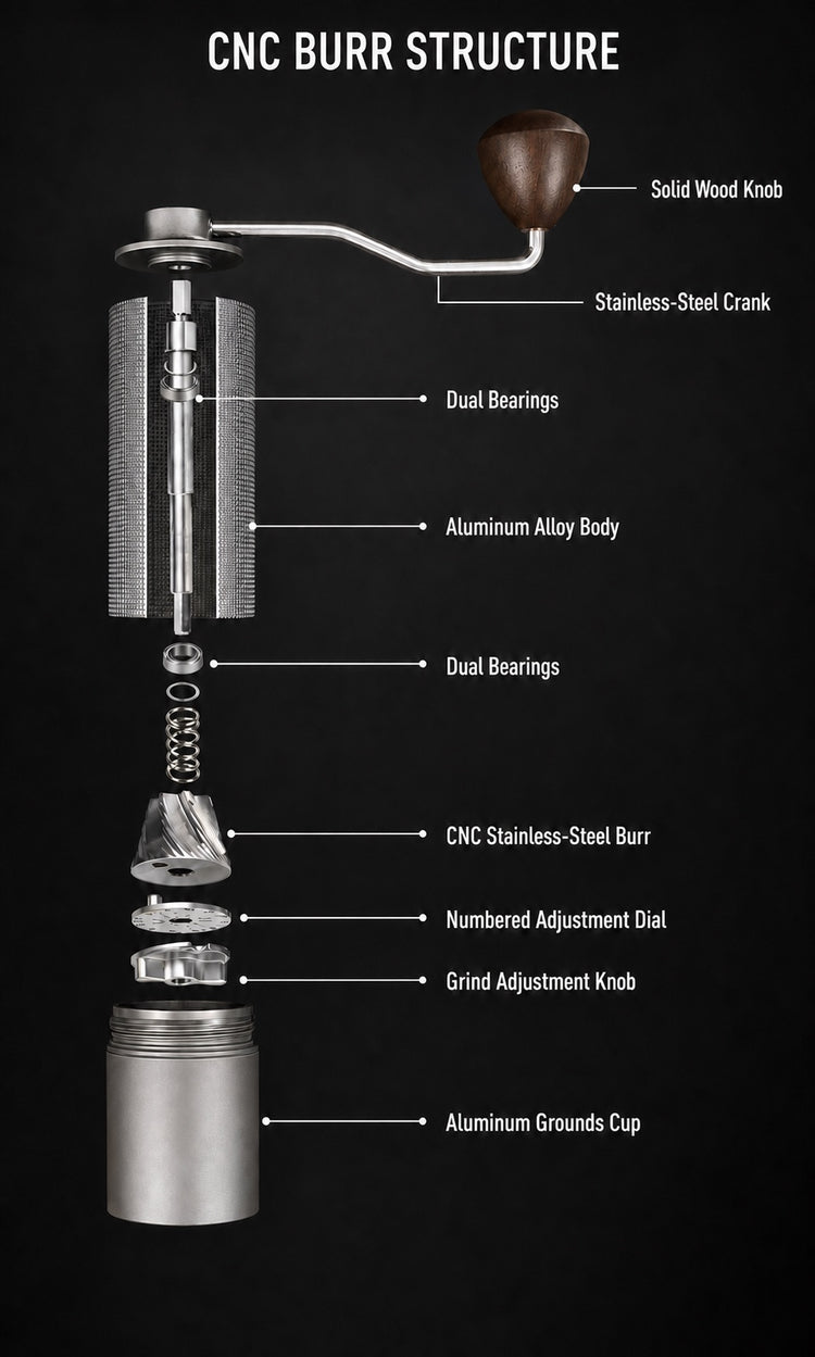 Exploded structure of a manual coffee grinder showing dual bearings, an aluminum-alloy body, CNC stainless-steel burr, adjustment dial, crank and grounds cup.