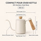 Reference dimensions for a 350 ml cream-white gooseneck kettle with a 304 stainless-steel body and wood-accent handle.