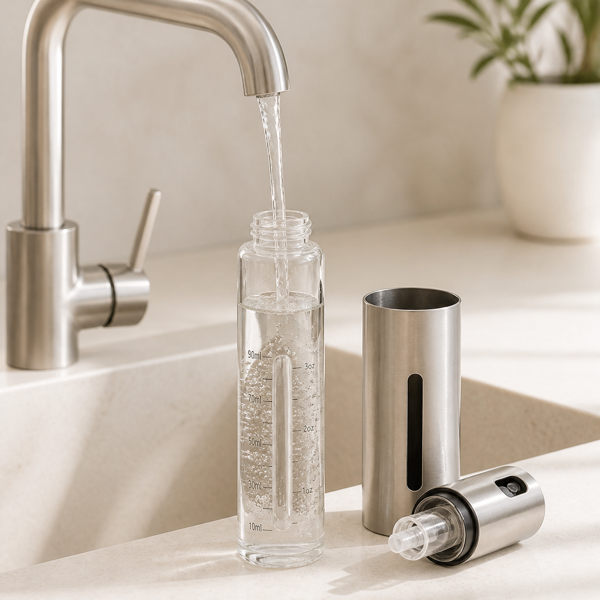 Refillable glass bottle and removable stainless-steel components