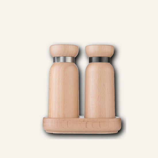 A17005 two-piece beech grinder set with wooden base