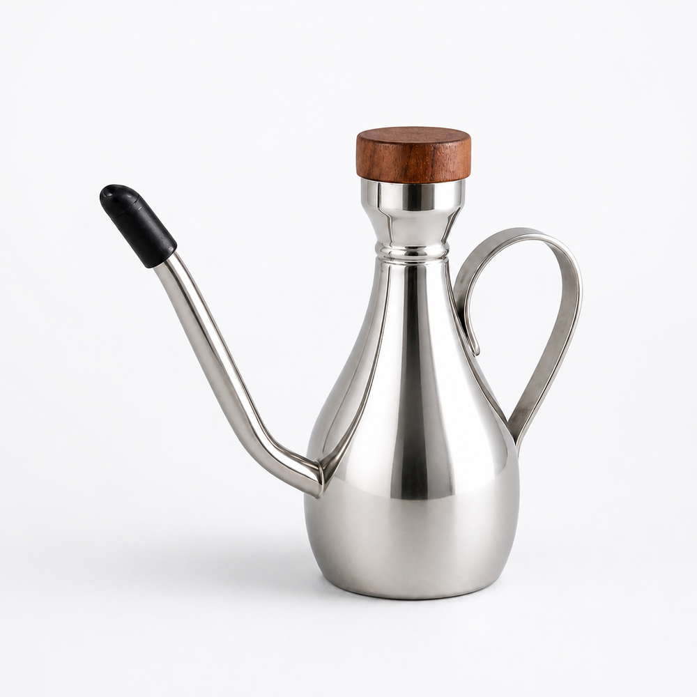 SUS304 long-spout stainless-steel oil can on a clean cool-white background