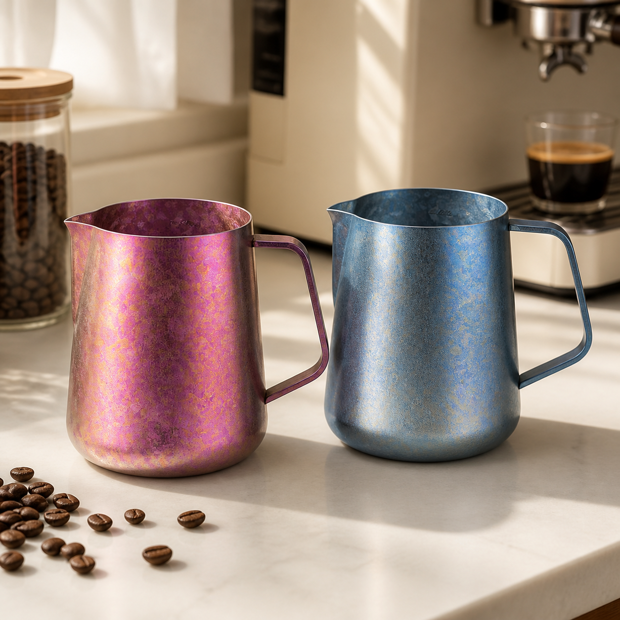 Rose-purple and blue-silver titanium milk pitchers with sharp latte-art spouts and squared handles.