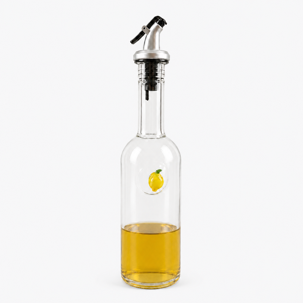 Trigger-lid glass oil and vinegar bottle partially filled with golden cooking oil on a clean cool-white background