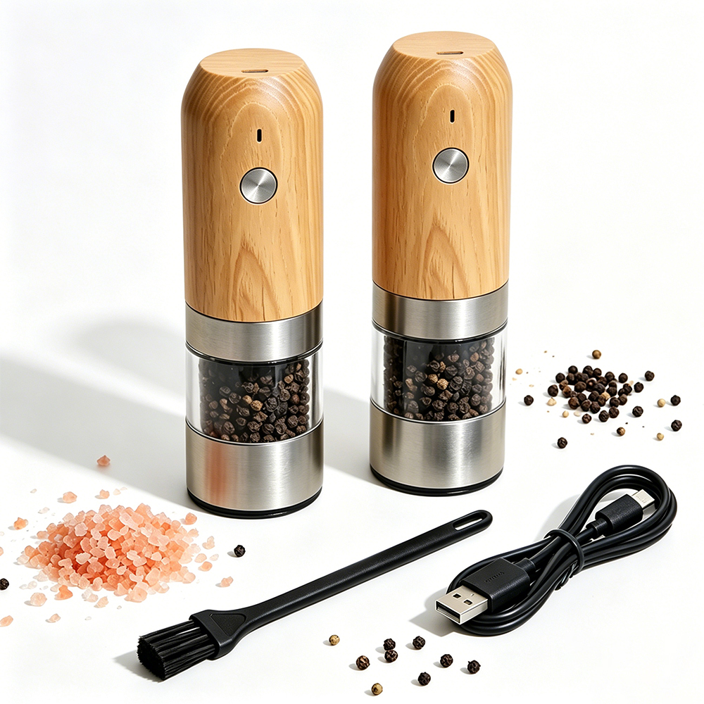 ODM Wood-Grain Rechargeable Salt & Pepper Grinder Set — image 4