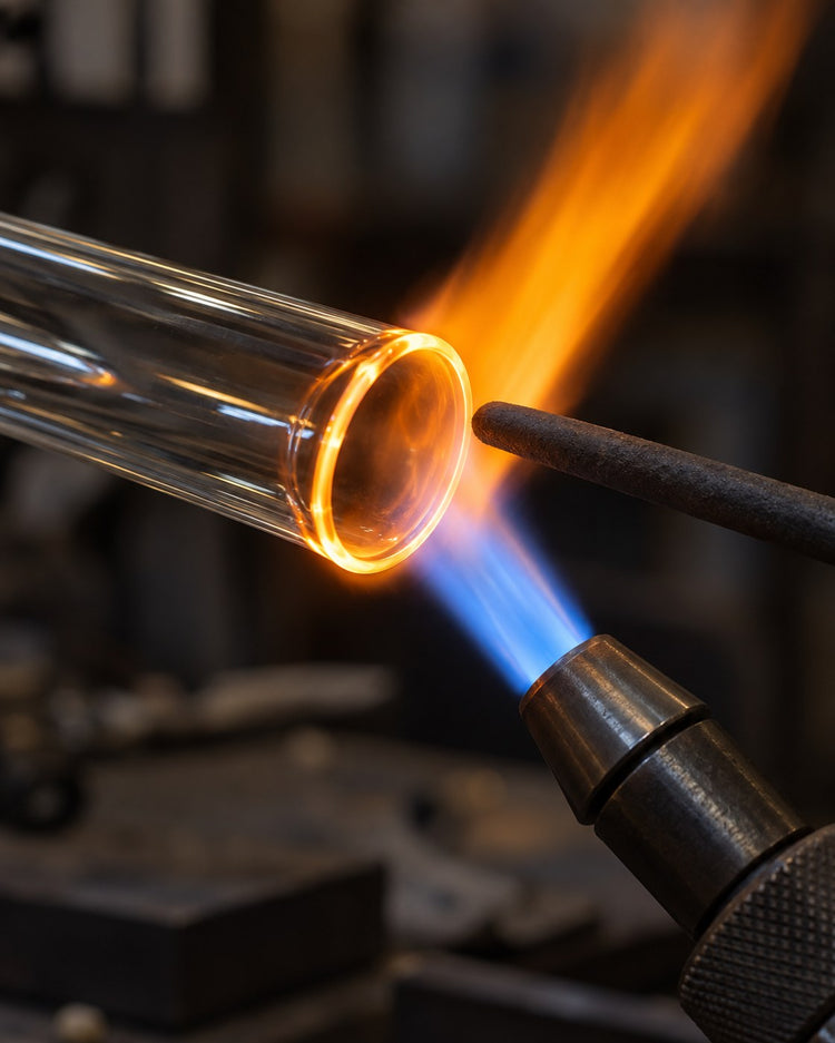 Illustration of glass being shaped with a flame