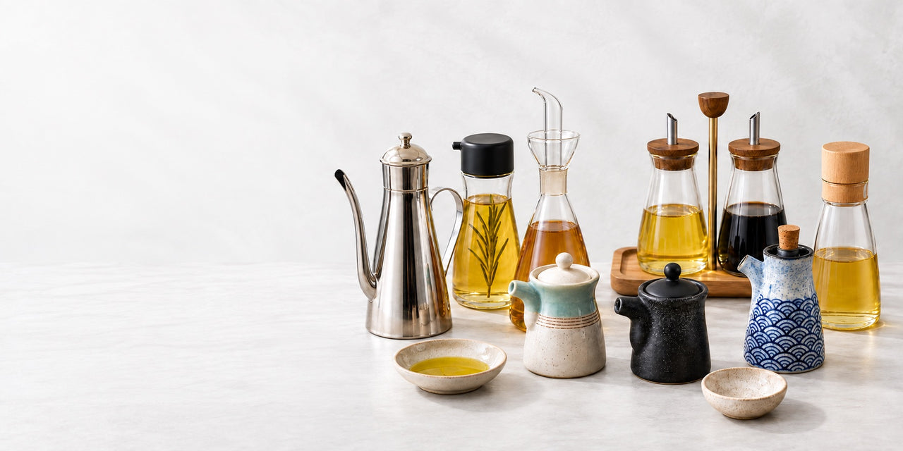 Glass, stainless steel and ceramic oil and vinegar bottles arranged on a tabletop.